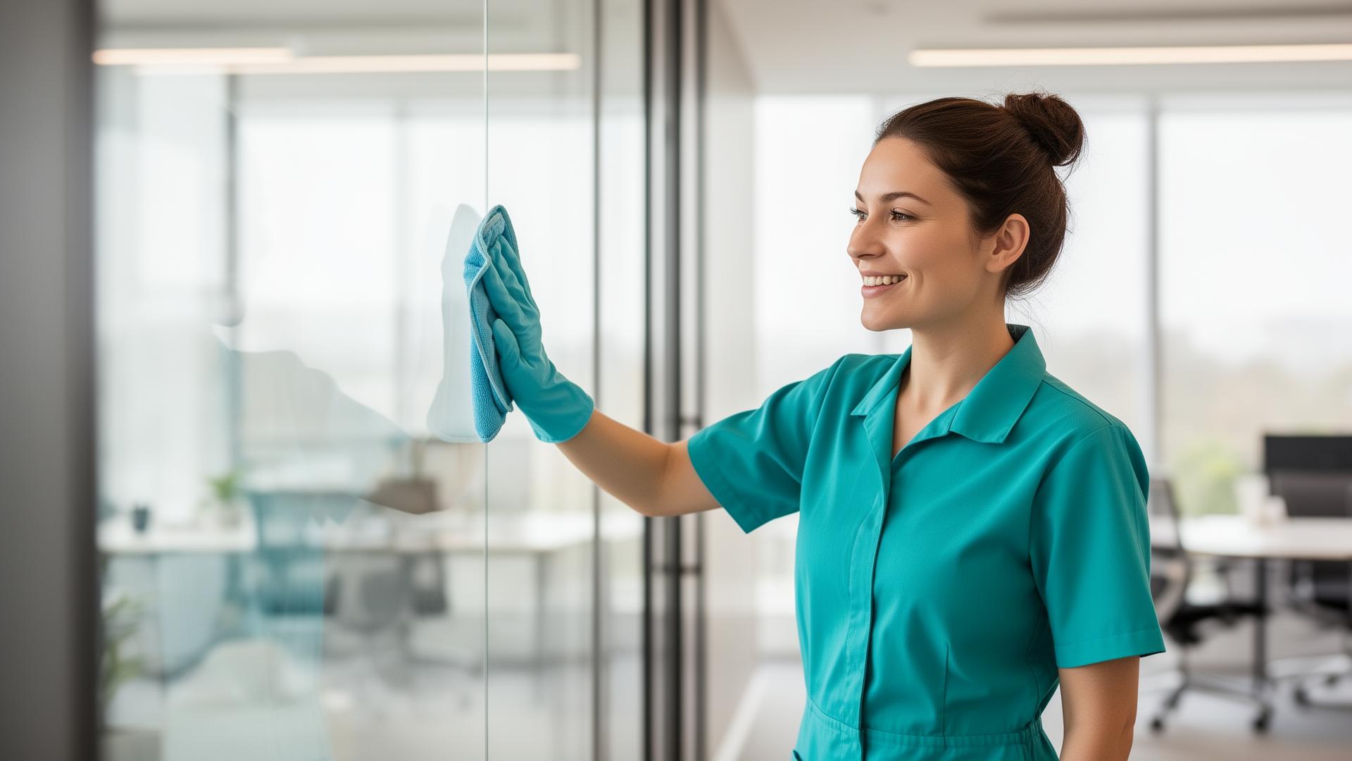 Professional commercial cleaner in uniform cleaning a glass office wall